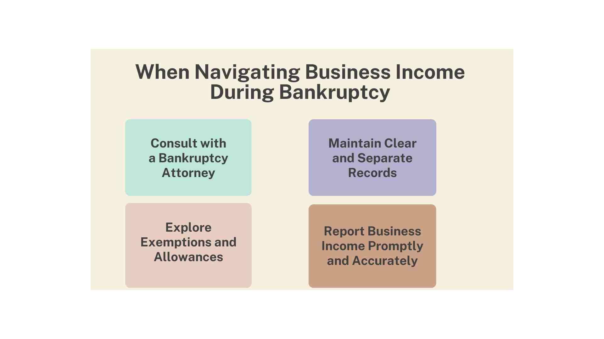 A graphic outlining steps for handling business income during bankruptcy: consult a bankruptcy attorney, explore exemptions and allowances, maintain clear records, and report income accurately.