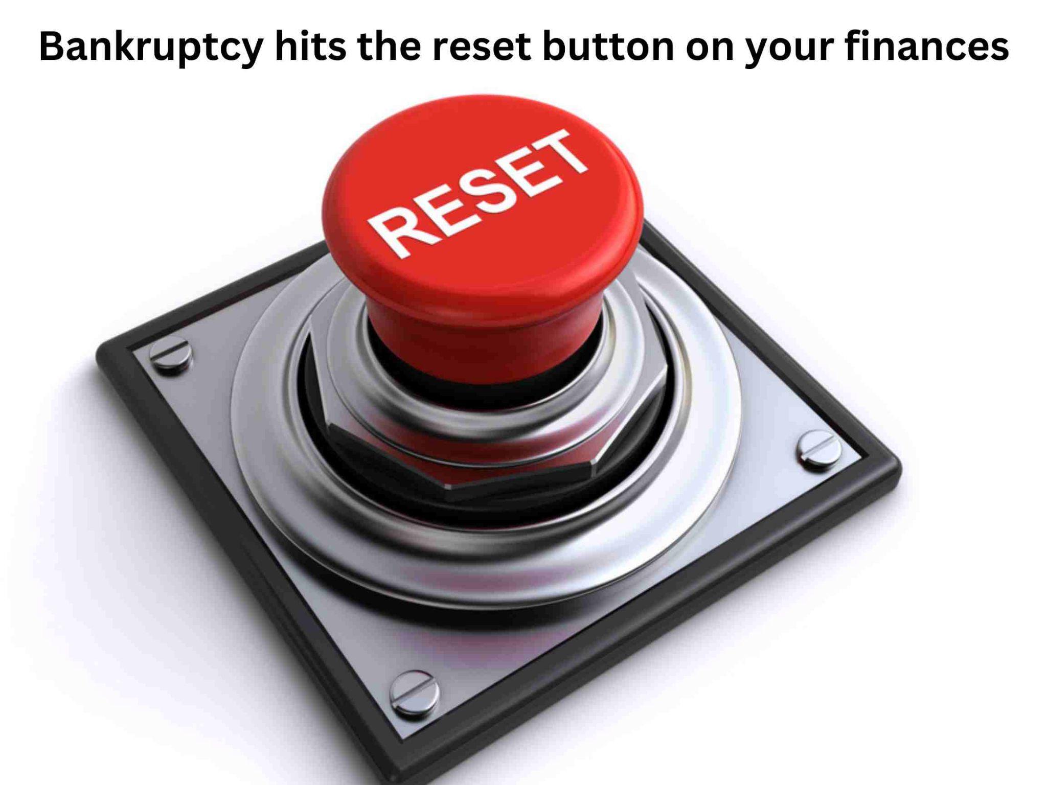 A red button labeled "RESET" with a caption above that reads, "Bankruptcy hits the reset button on your finances.