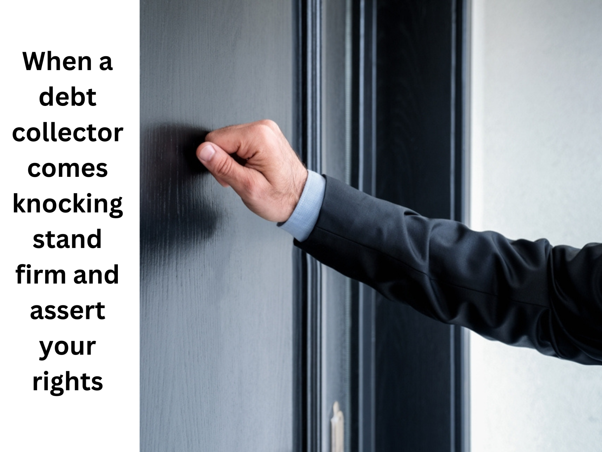 A person in a suit knocking on a door. Text reads: "When a debt collector comes knocking, stand firm and assert your rights. Know when the statute of limitations starts for debt.