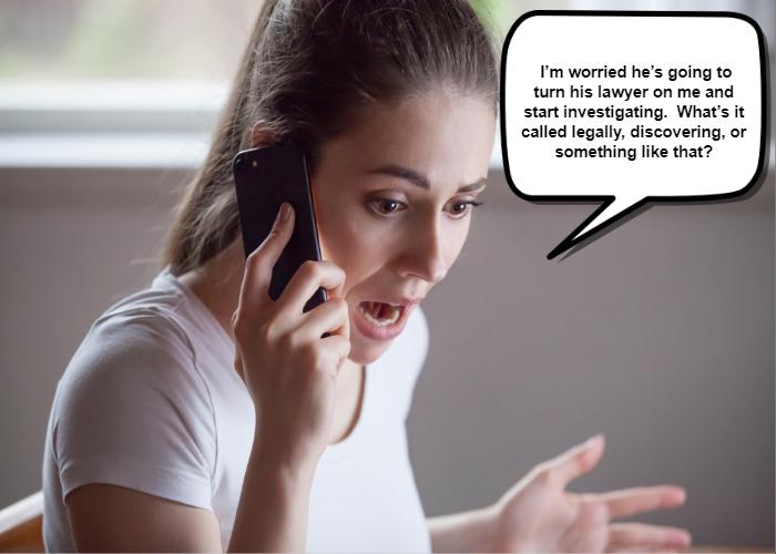 A woman with a worried expression speaks on a phone, saying she fears a lawyer might investigate her, mentioning terms like "legally, discovering in divorce," or something like that.