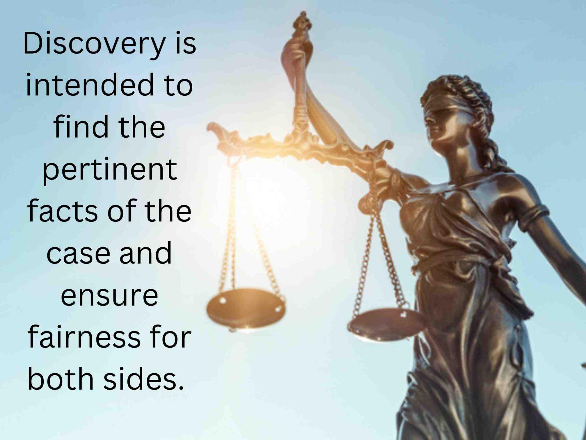 A statue of Lady Justice holding scales of justice with the text: "Discovery is intended to find the pertinent facts of the case and ensure fairness for both sides, emphasizing transparency rather than pondering how to avoid discovery in divorce.
