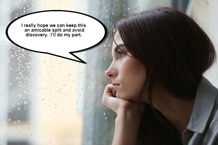 A woman looks out a rainy window with a speech bubble saying, "I really hope we can keep this an amicable split and avoid discovery in divorce. I'll do my part.