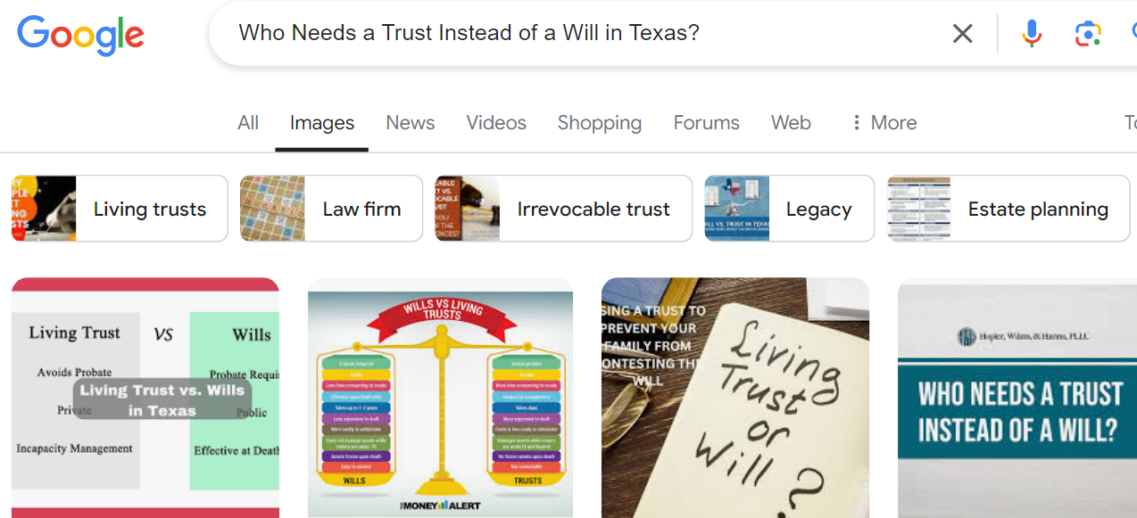 Google image search results for "Who Needs a Trust Instead of a Will in Texas?" highlight images focused on living trusts, irrevocable trusts, estate planning, and wills, answering the key question: who needs a trust instead of a will?