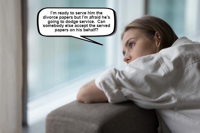 A woman leans on a couch, gazing out the window with a thought bubble pondering whether someone else can accept served divorce papers on her behalf.