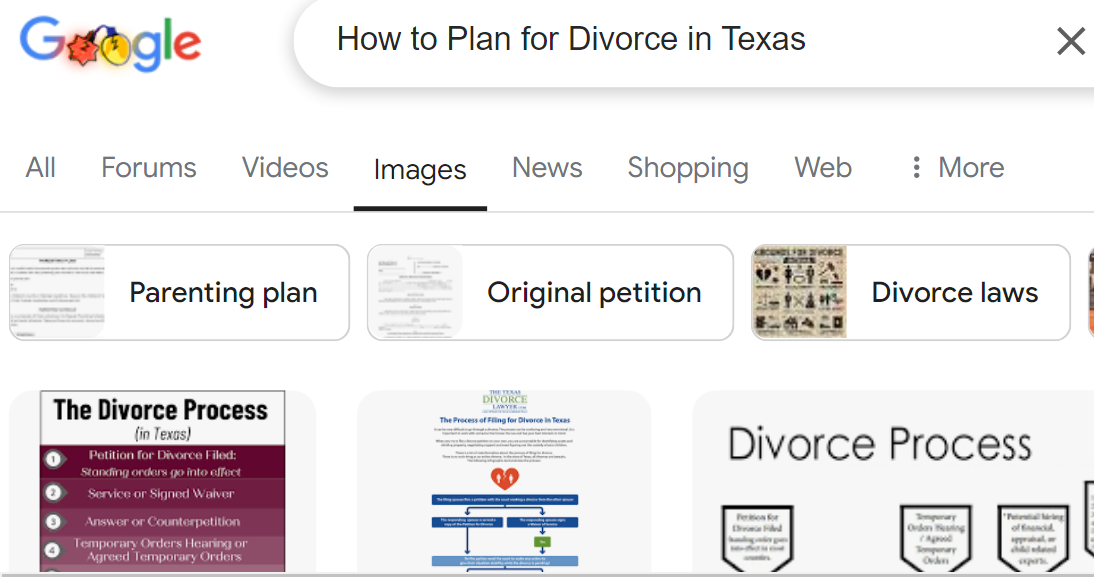 The Google search page displays results for "How to Plan for Divorce in Texas," featuring images of documents and flowcharts. This guide helps navigate the complexities of divorce processes and laws unique to Texas, offering a visual roadmap for those seeking guidance.
