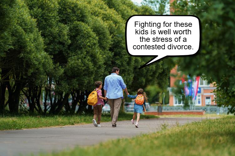 A man strolls along a path with two children, each carrying a backpack. He muses, "Fighting for these kids is well worth it.