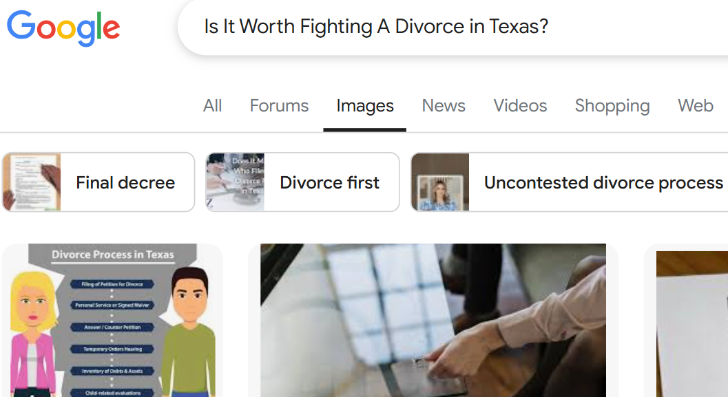 The Google search results screen displays queries about divorce processes in Texas, with tabs for All, Forums, Images, News, Videos, Shopping, and Web at the top. Among the results is a popular query: "Is it worth contesting a divorce?.