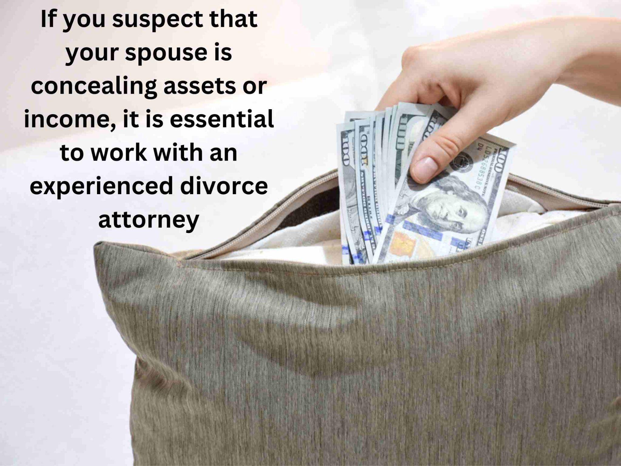 A hand places a stack of hundred-dollar bills into a beige bag, alongside advice to consider whether it is worth contesting a divorce if you suspect your spouse is hiding assets.