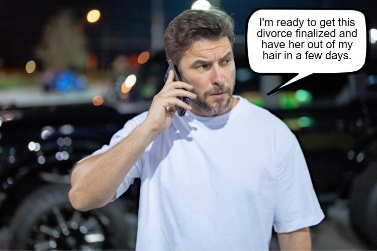 A man in a white t-shirt is talking on the phone outside at night, mentioning he's ready to finalize a divorce. He asks how long after divorce papers are signed is it final, eager to move forward.