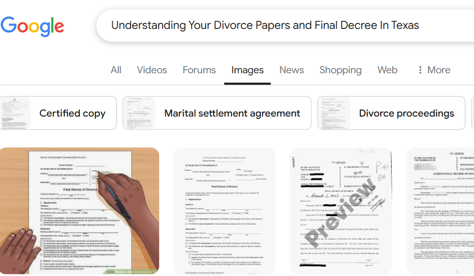 Google search results for divorce papers in Texas, including previews of legal documents and related suggestions, answer common queries like how long after divorce papers are signed it is final.