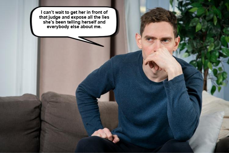 A man sits on a couch with a thoughtful expression, resting his chin on his hand. A speech bubble reveals text about exposing someone's lies in court