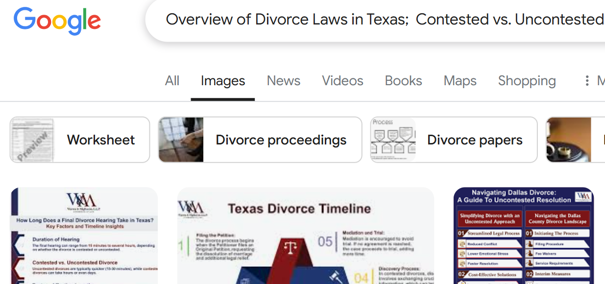 The Google search results page displays tabs for "Images," "News," and "Videos," along with image links detailing divorce laws in Texas, like worksheets and timelines. Learn about contested vs uncontested divorces to better understand your options during this challenging process.
