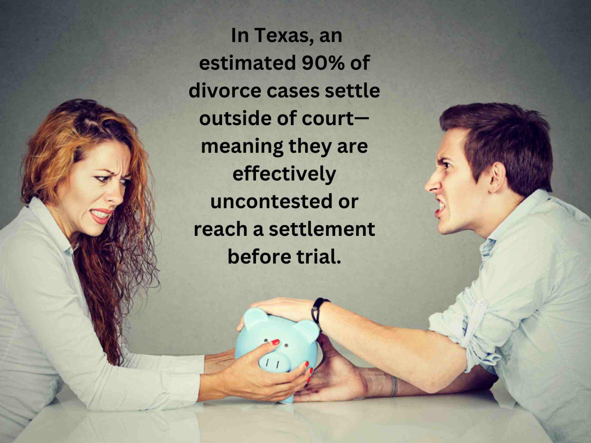 A man and a woman are seated at a table, each pulling on a piggy bank. Text about uncontested divorce in Texas settlements is in the background.