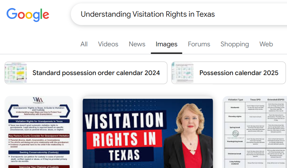 Search results page for "Understanding Visitation Rights in Texas" featuring images of a legal guide, a woman in a red shirt, and visitation calendars for 2024 and 2025. Learn about when you can deny visitation to the non-custodial parent.