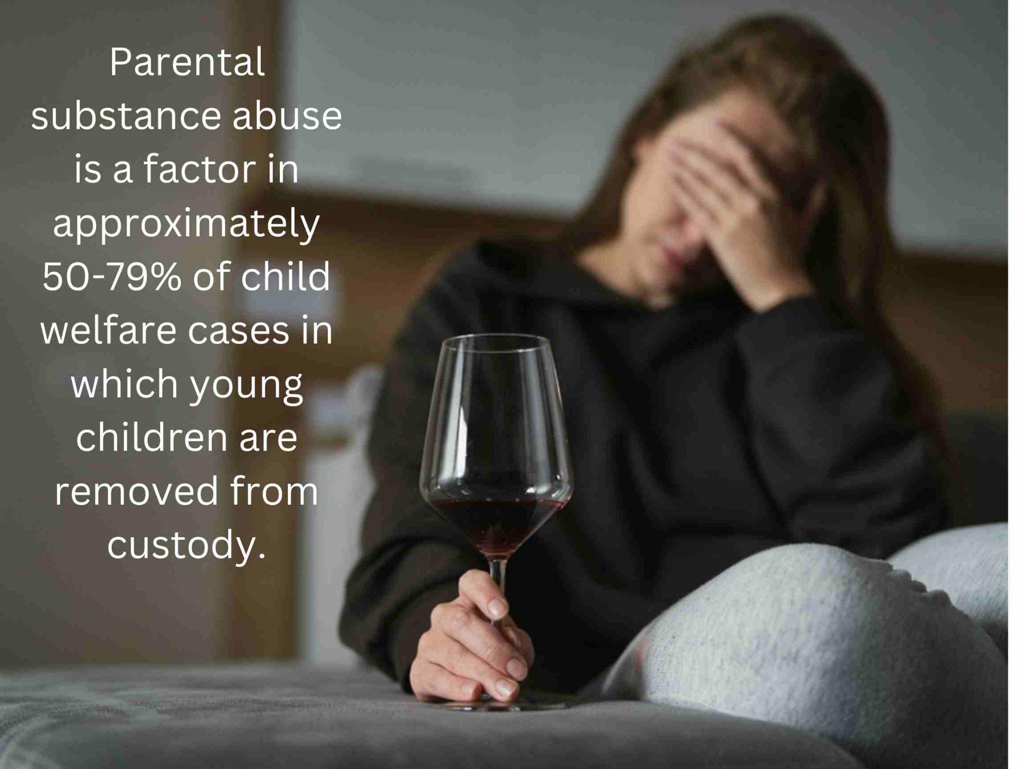 A woman holding a wine glass, her head resting in her hand, reflects on the impact of parental substance abuse on child welfare cases. Important considerations about when you can deny visitation to the non-custodial parent are crucial in such situations.