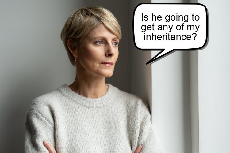 A woman with short hair, wearing a sweater, stands by a window pondering aloud, "Is he going to get any of my inheritance after the divorce?.