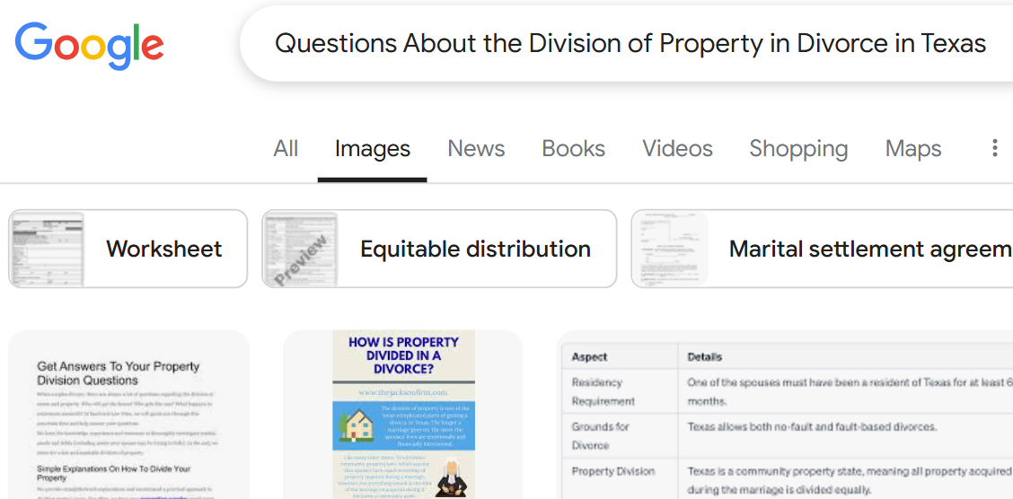 Google search results for "Questions About the Division of Property in Divorce in Texas" display tabs such as Images, News, and Books. You'll also find related suggestions on division of property and images to guide your Texas divorce queries.