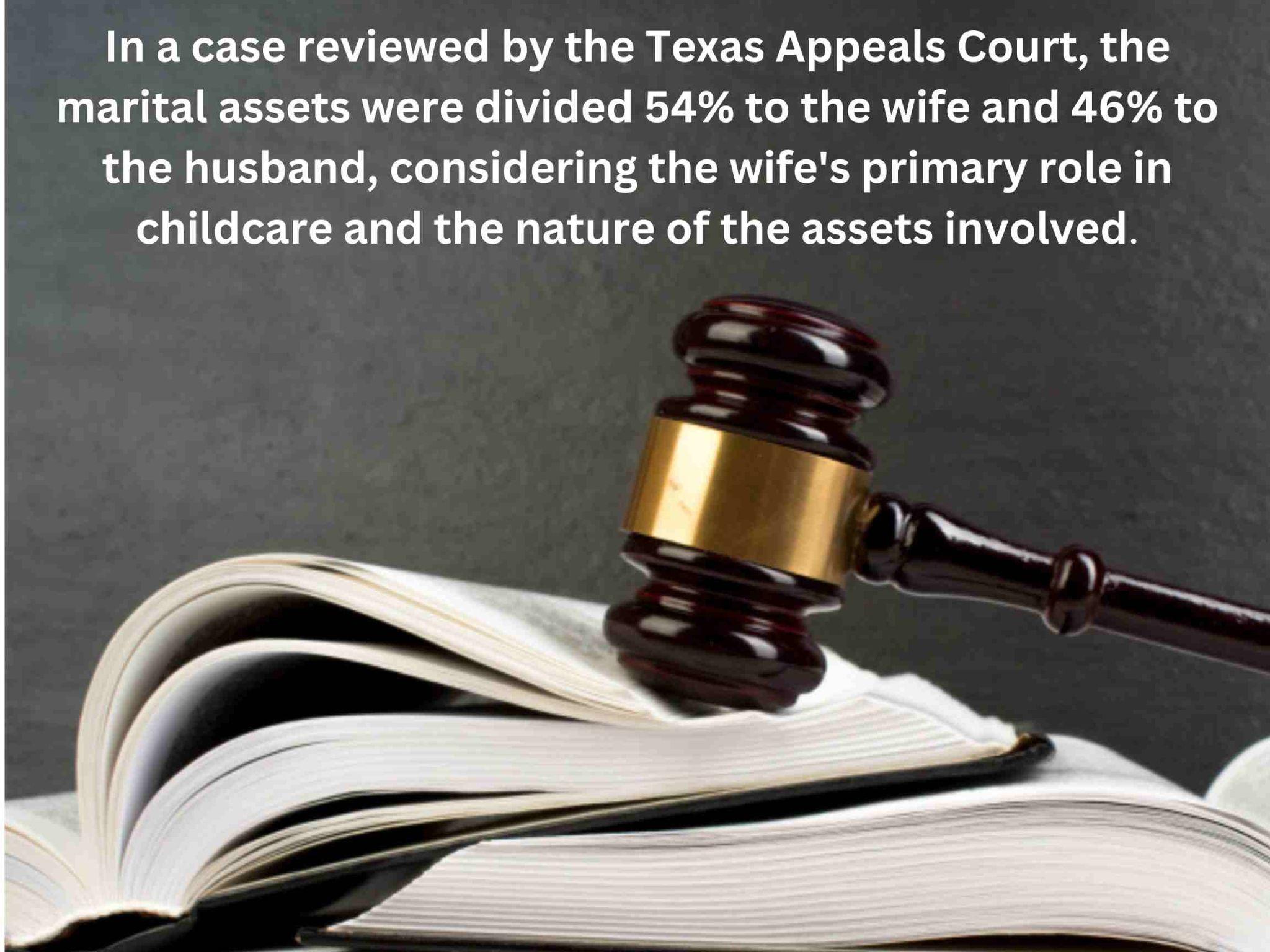 Gavel resting on an open book with text about the Texas Appeals Court's division of marital assets favoring the wife in a divorce case.