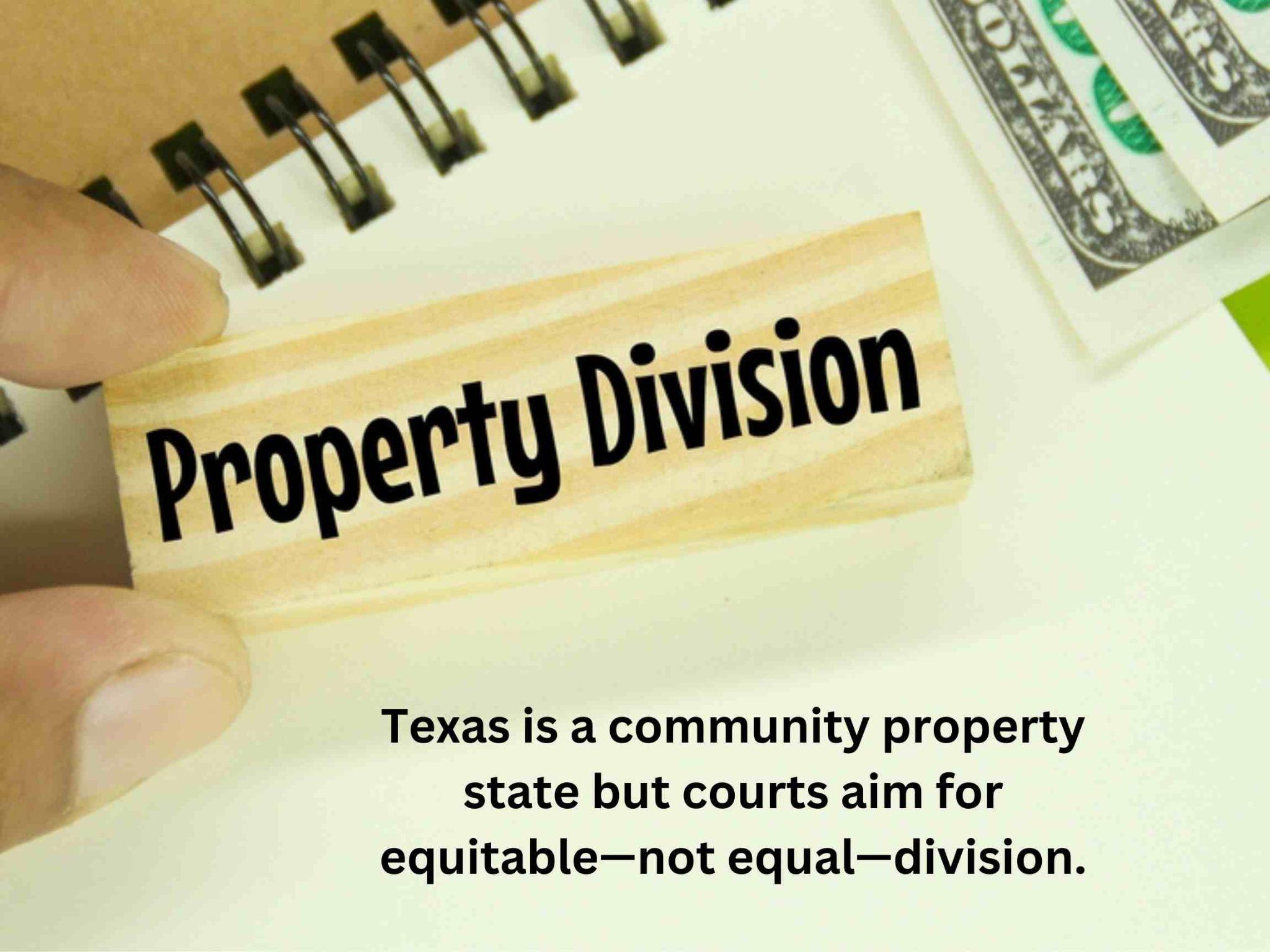 A hand holds a stamp labeled "Property Division" above a notepad and money, emphasizing the equitable division of property