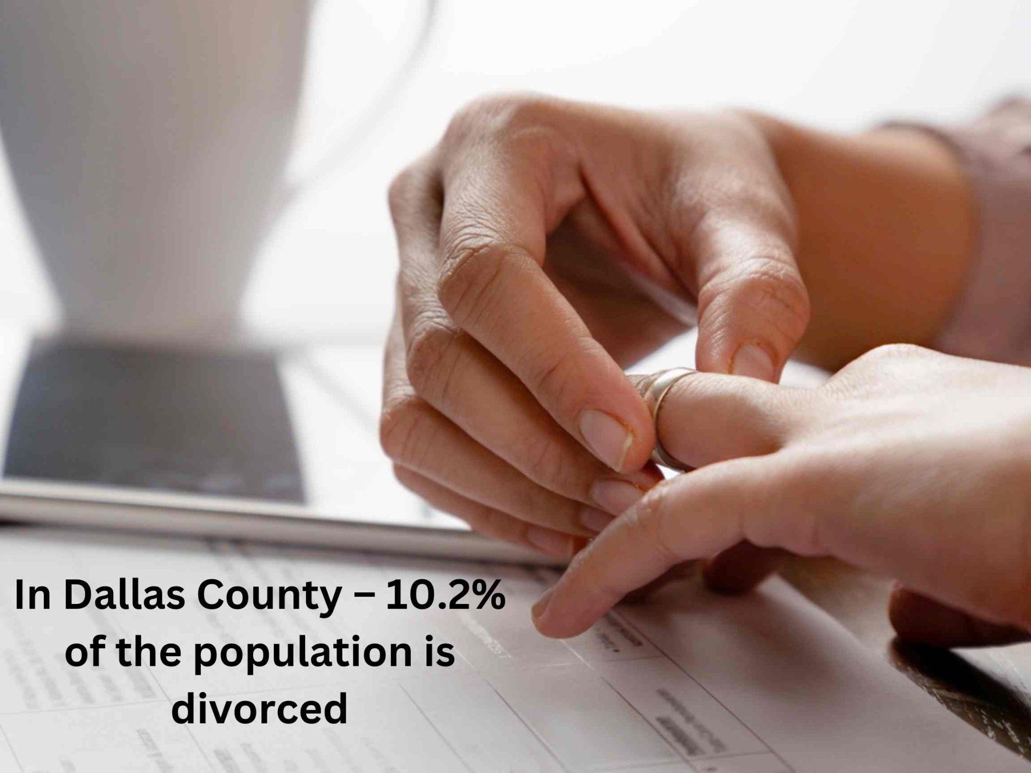 In Dallas County, where 10.2% of the population is divorced, someone removes a ring from their finger with a document in the background. Exploring strategies for divorce could offer guidance on navigating this significant life change.