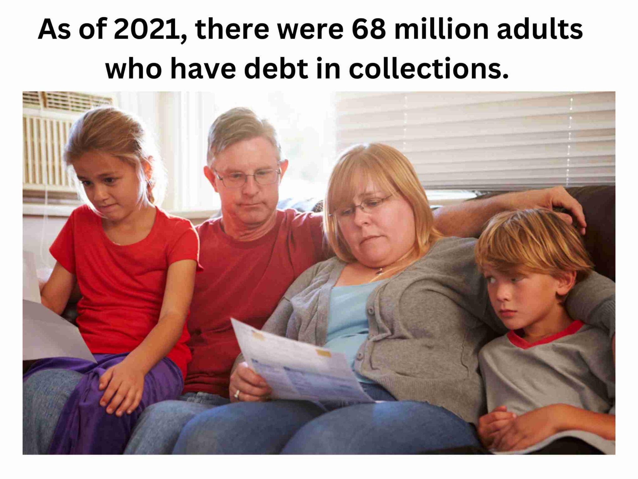 A family of four sits on a couch, looking concerned while holding papers. Text above reads, "As of 2021, there were 68 million adults with debt in collections. 