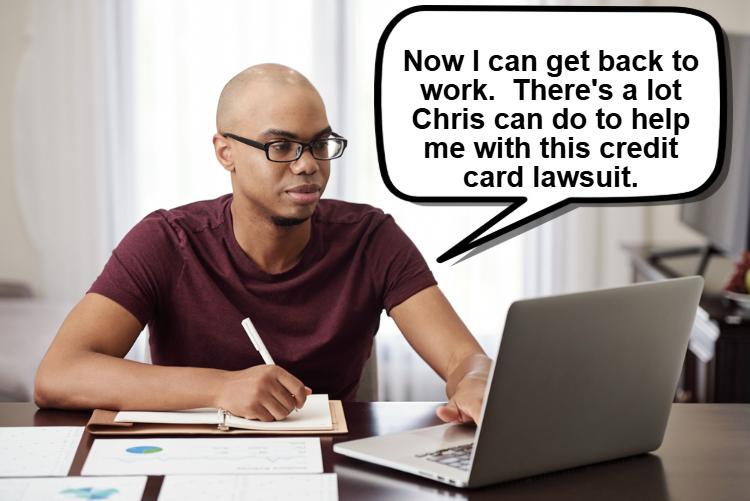 A man sits at a desk, pen in hand, with a speech bubble declaring his return to work and gratitude for the legal advice from Chris 