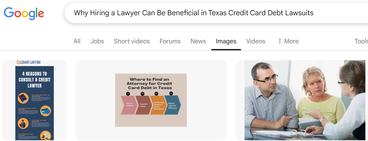 Google search results offer insight into hiring a lawyer in Texas for a credit card lawsuit, featuring informative infographics and an engaging discussion scene packed with valuable legal advice.