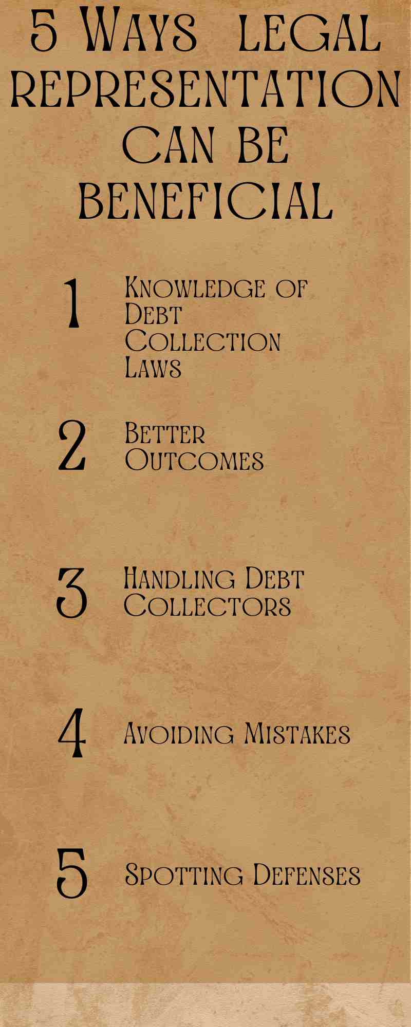 Text image listing "5 Ways Legal Representation Can Be Beneficial": 1. Knowledge of Credit Card Lawsuit and Debt Collection Laws 2. Better Outcomes 3. Handling Debt Collectors 4. Avoiding Mistakes 5. Spotting Defenses