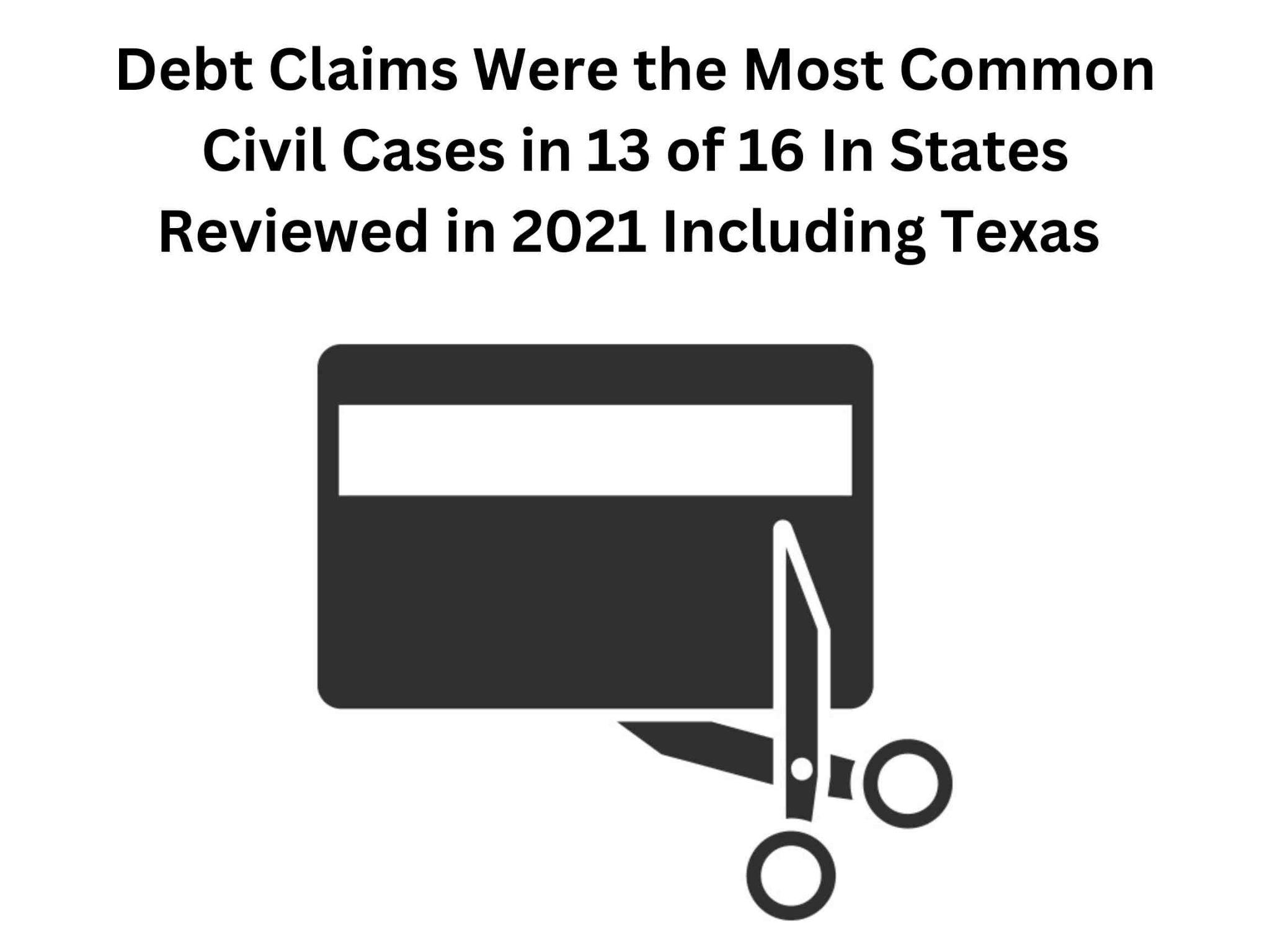 Scissors snipping a credit card icon, highlighting that debt claims, were the most common civil cases in 13 of 16 states reviewed in 2021, including Texas.
