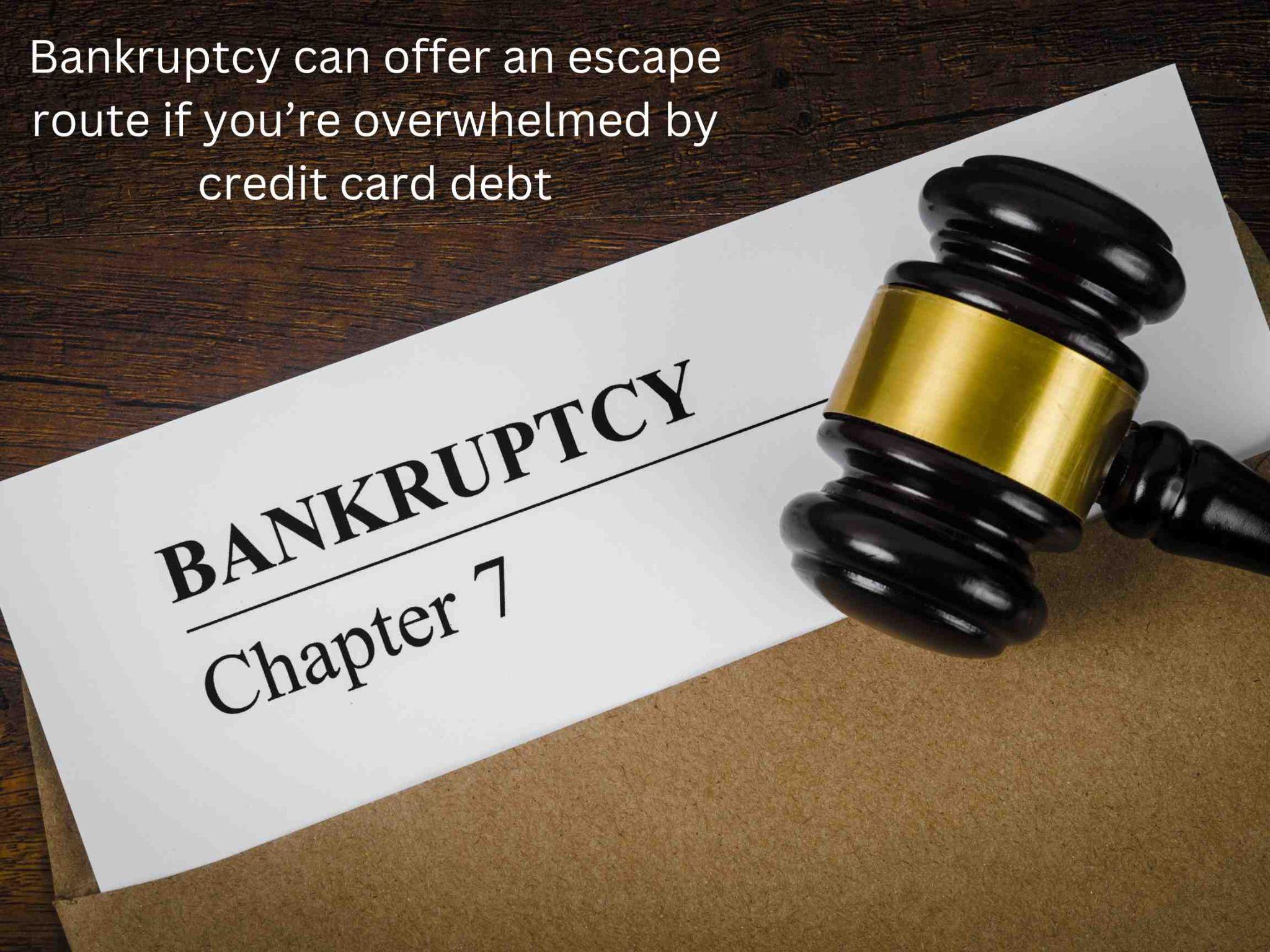 A gavel rests on a Chapter 7 bankruptcy document, illustrating a strategy to escape credit card debt and potentially avoid a costly credit card lawsuit.