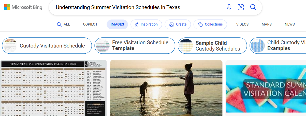 Discover a comprehensive search results page titled "Understanding Summer Visitation Schedules in Texas," featuring detailed summer visitation schedule templates and insightful related images.