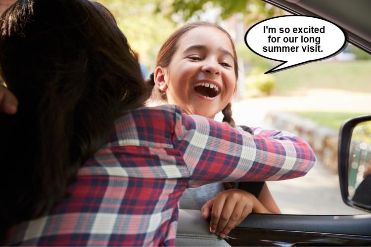 Child with braided hair leans on an open car window, smiling as a person in a plaid shirt embraces them. A speech bubble reads, "I'm so excited for our summer.