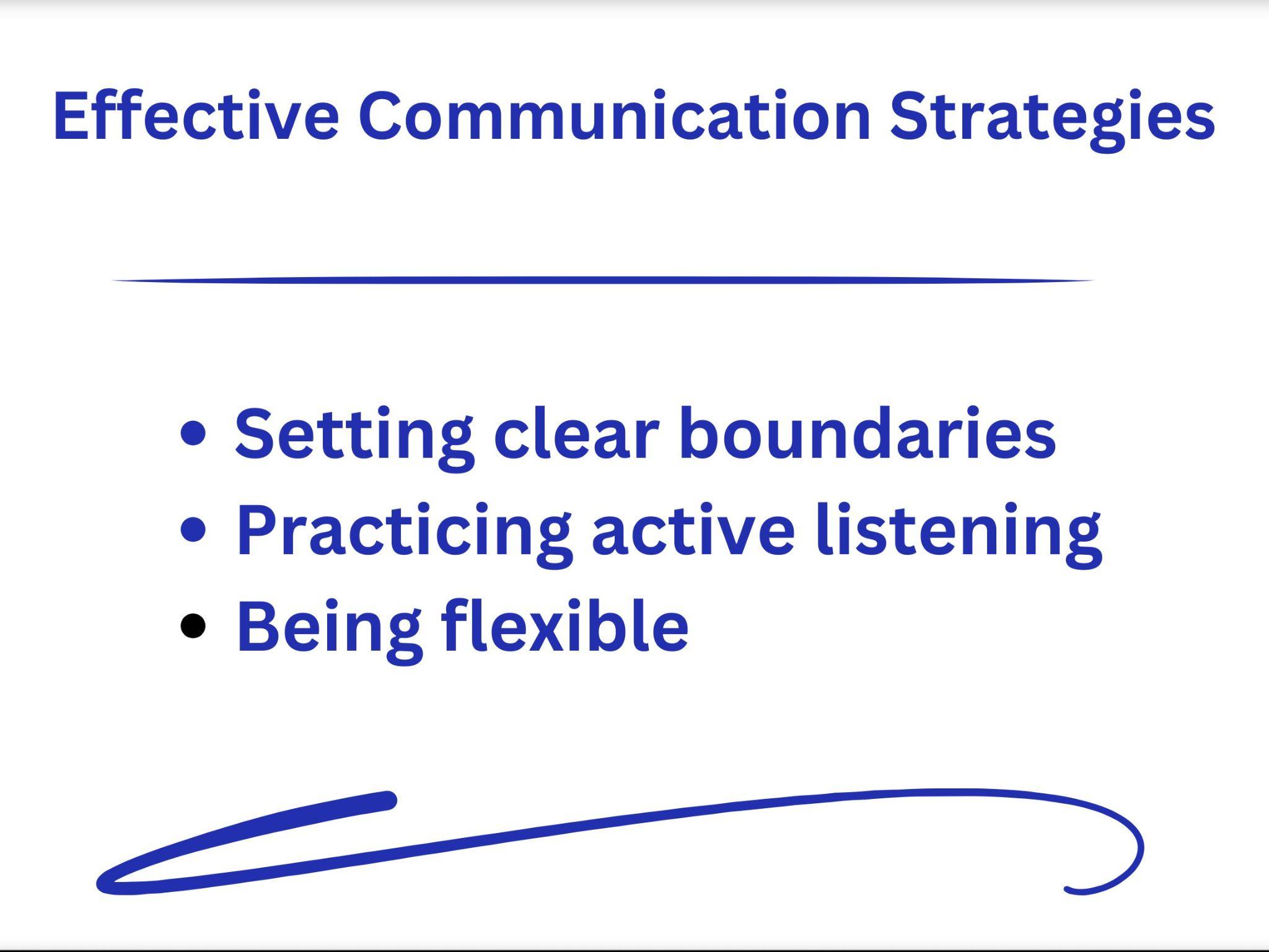 Text slide titled "Effective Communication Strategies" offers insights for those wondering how to settle custody out of court, listing three key points: setting clear boundaries, practicing active listening, and being flexible. A blue underline with a swoosh features at the bottom.