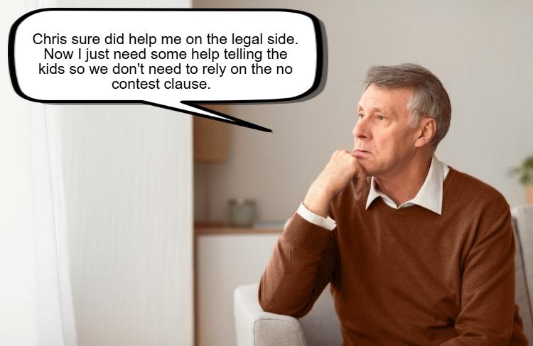 Man in a brown sweater sitting on a couch, looking thoughtful. A speech bubble indicates he's seeking help with family communication about an Estate Protection issue concerning a legal matter.