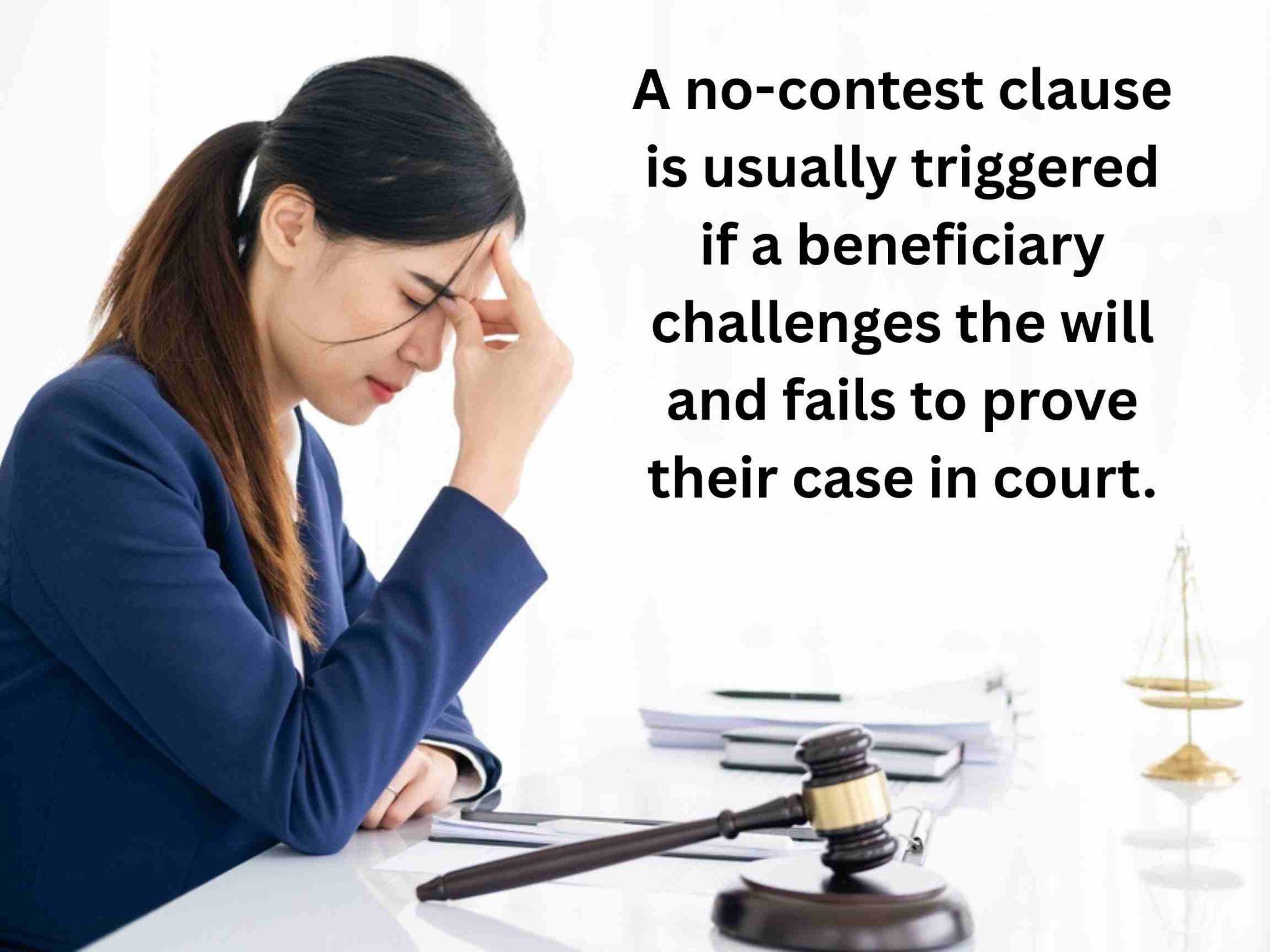 A woman in a blue blazer looks stressed at her desk surrounded by legal items. The text explains how a no-contest clause in Texas can protect your estate by discouraging beneficiaries from disputing the will unsuccessfully in court.