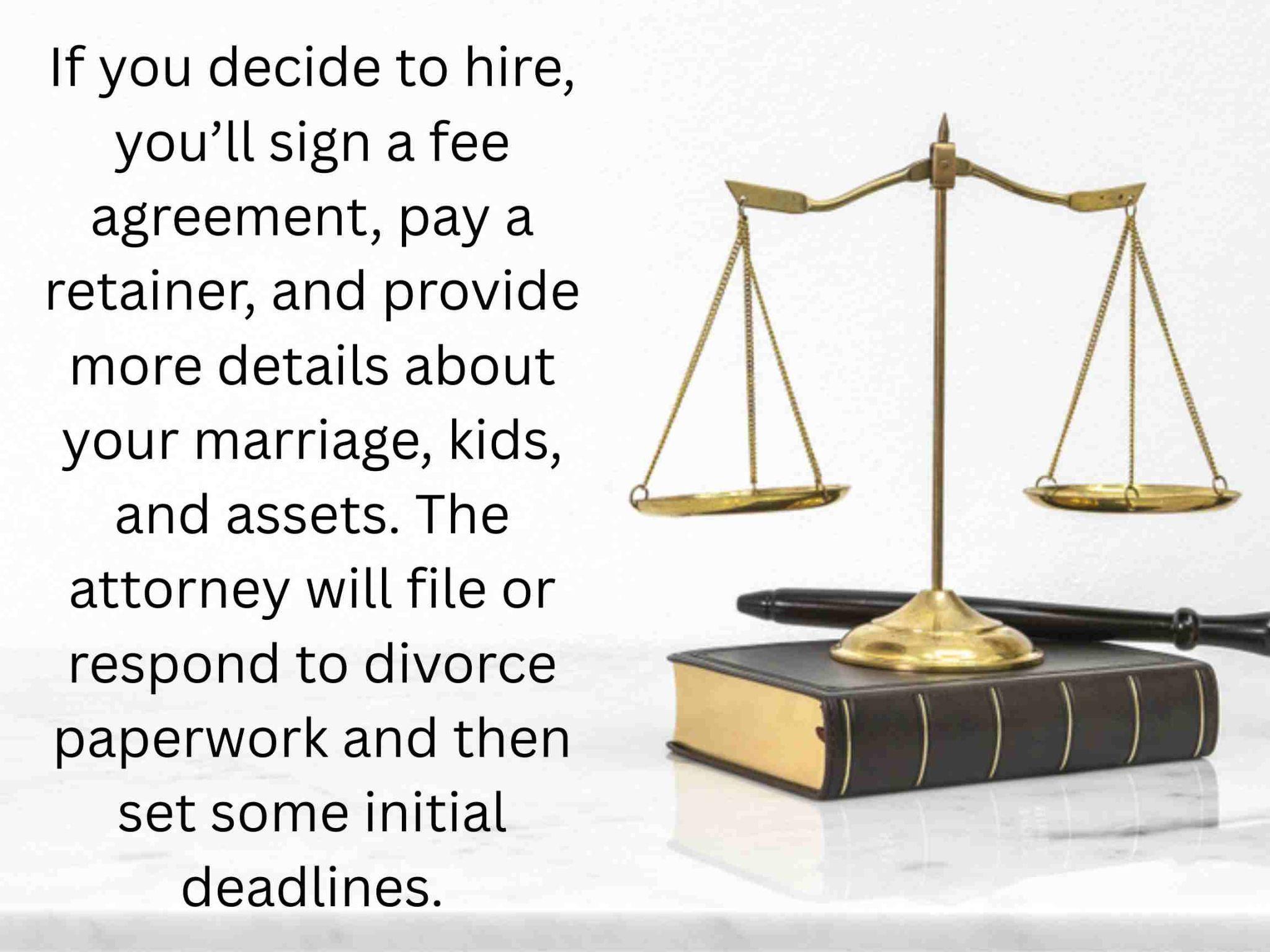 A brass balance scale, gavel, and law book on a white surface next to text outlining the divorce attorney hiring process.
