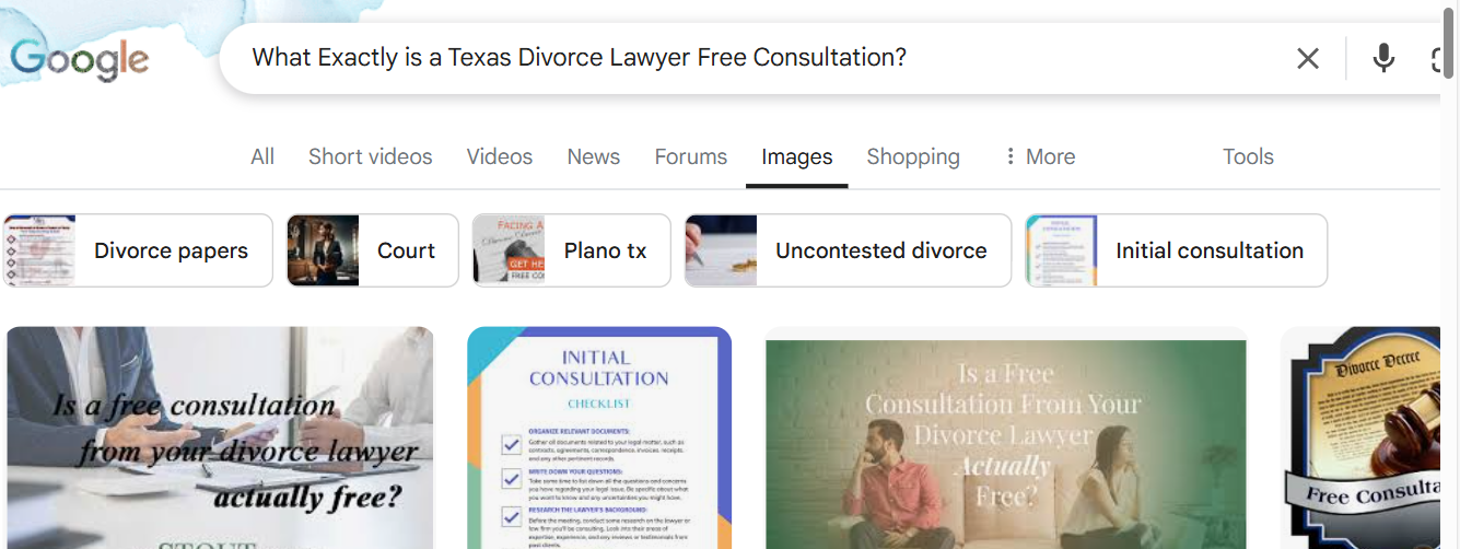 Google search results page for "What Exactly is a Texas Divorce Attorney Free Consultation?" showing related images and search categories.