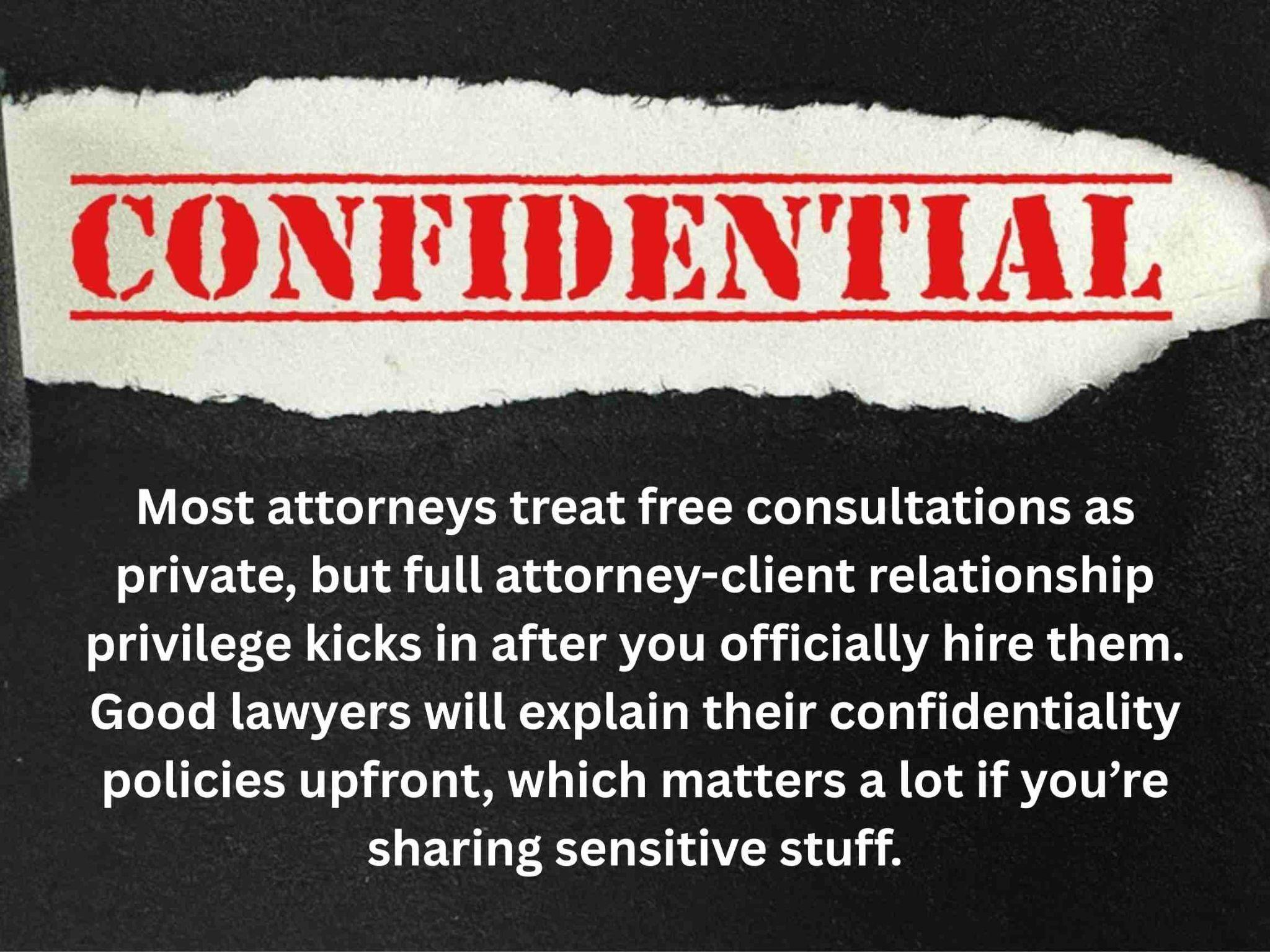A "Confidential" stamp above text explaining that full attorney-client privilege applies after hiring a Texas divorce attorney, and lawyers should clarify confidentiality policies during your consultation.