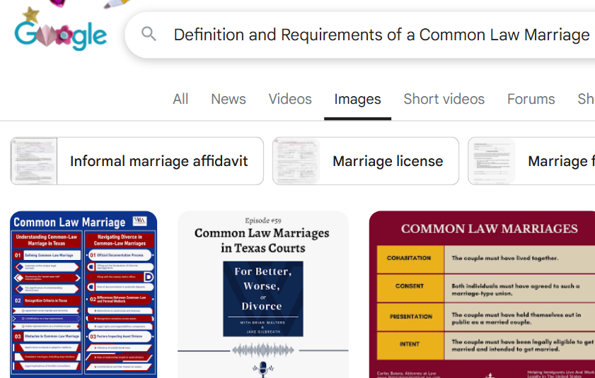 Screenshot of a Google Images search for “Definition and Requirements of a Common Law Marriage,” showing related search tags like "how do you prove a common law marriage in Texas" and informational graphics about common law marriage.