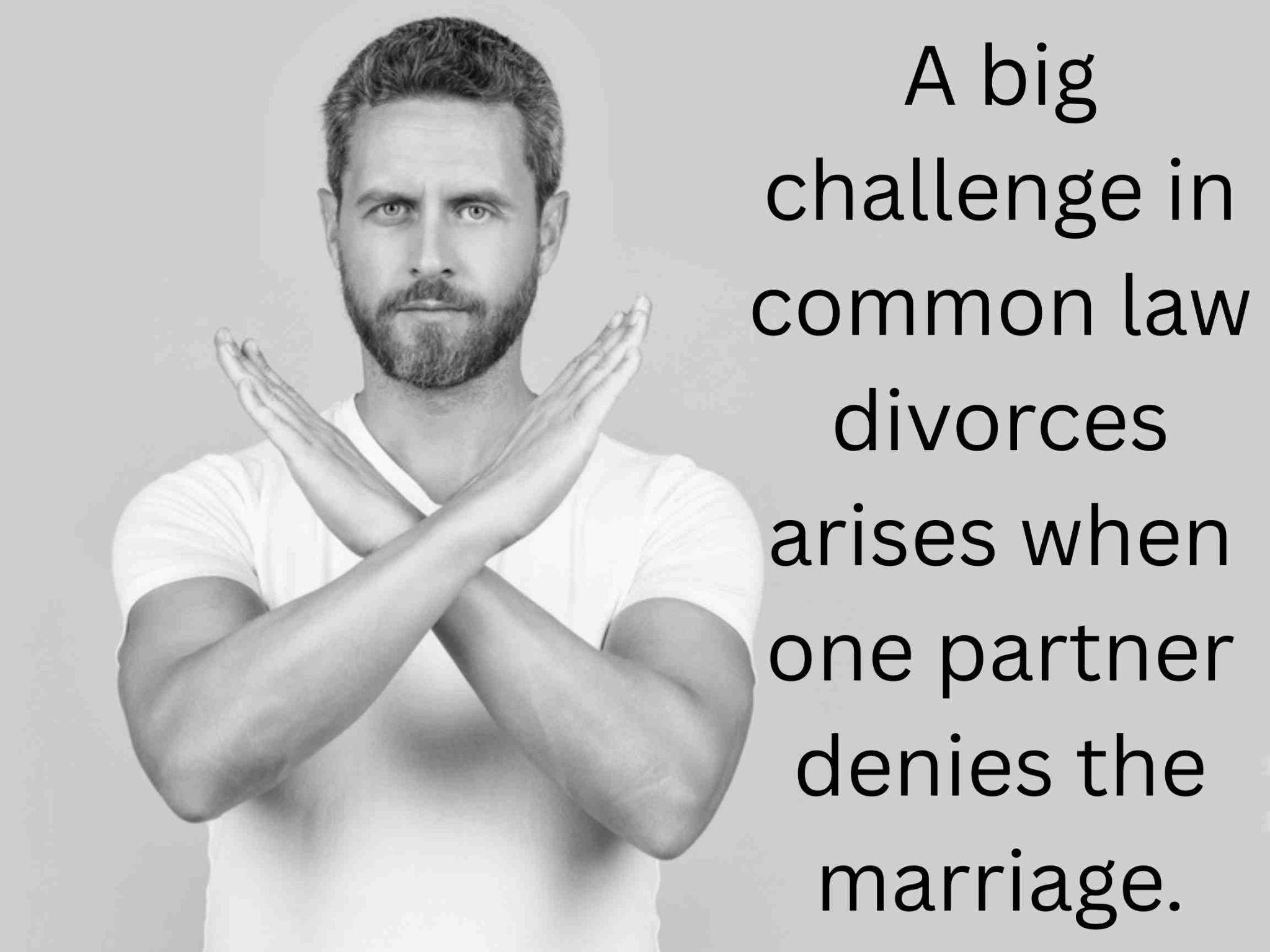 A man in a white t-shirt crosses his arms in front of his chest; text beside him explores how do you prove a common law marriage in Texas when one partner denies the relationship.