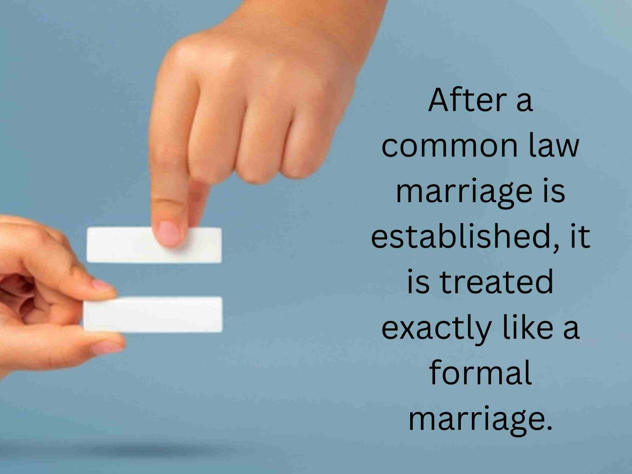 Two hands hold and align two white rectangular pieces; text on the image explains how do you prove a common law marriage in Texas and notes that, once established, common law marriage is treated like a formal marriage.
