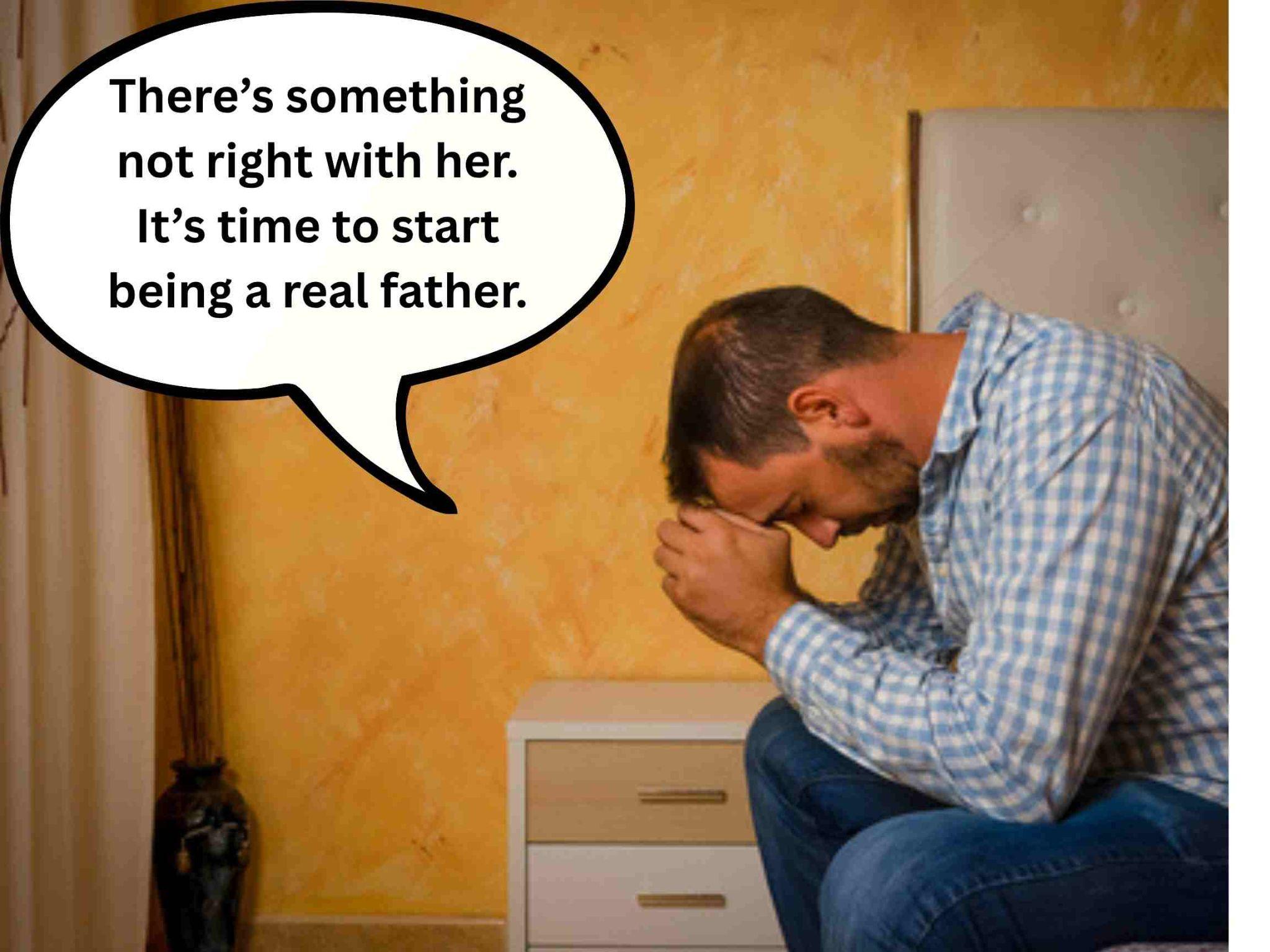 A man sits on a bed, leaning forward with his hands clasped, looking distressed. A speech bubble says, "There’s something not right with her.