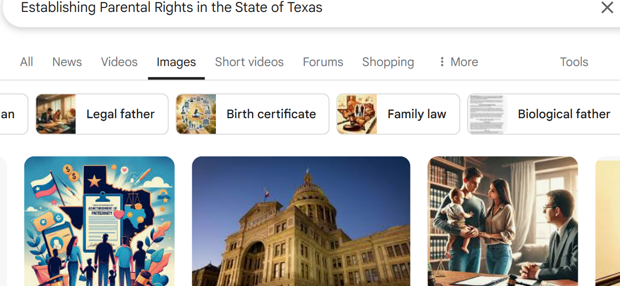 Screenshot of a Google image search for "Establishing Parental Rights in the State of Texas," displaying images and navigation tabs related to parental rights Texas.
