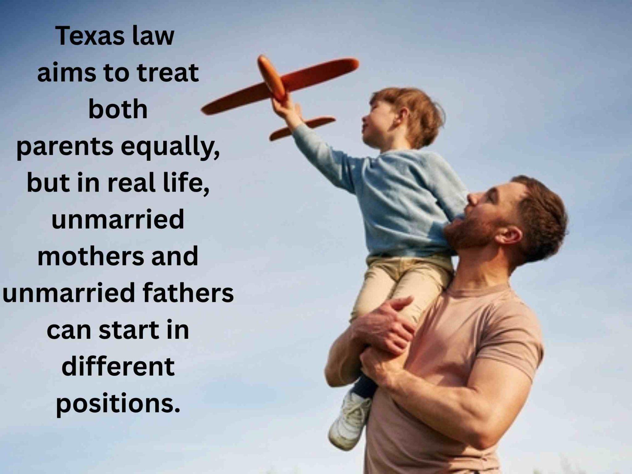 An adult holds a child raising a toy airplane, with text highlighting the differing rights for unmarried mothers and fathers.