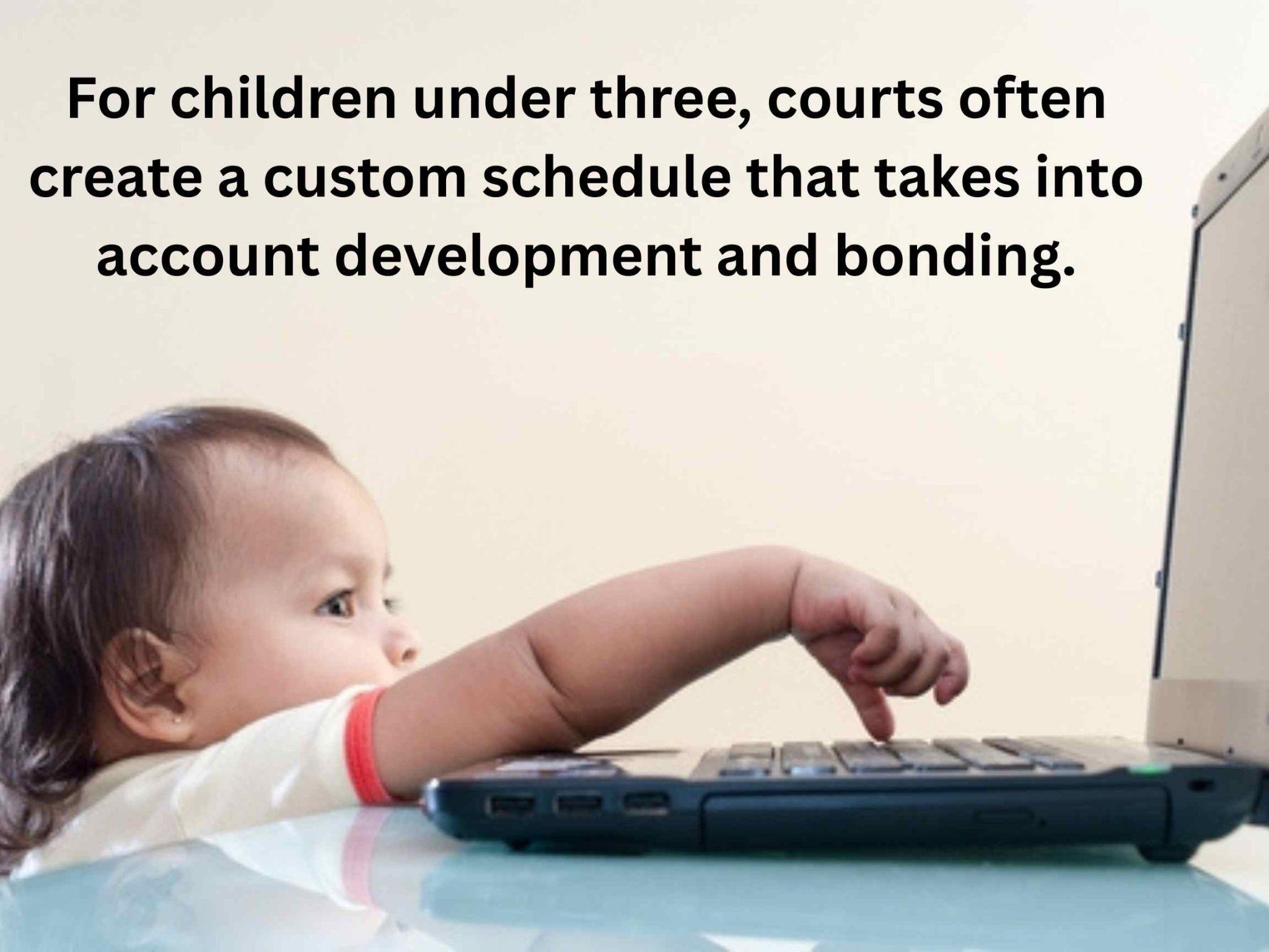 A baby sits at a table, reaching toward a laptop keyboard. Text above explains court scheduling considerations for children under three. 