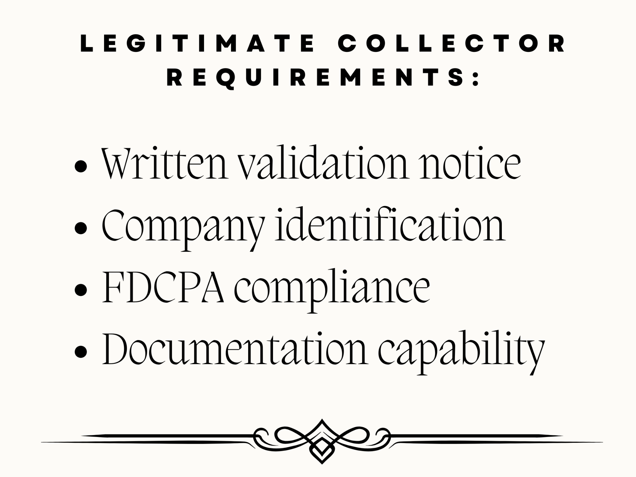 A list titled "Legitimate Collector Requirements" featuring bullet points: written validation notice, company identification, FDCPA compliance, documentation capability