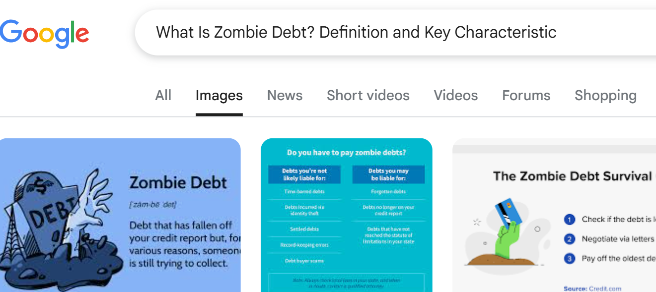 A Google search results page for "What is zombie debt? Definition and Key Characteristic," featuring image thumbnails that help explain what zombie debt is.
