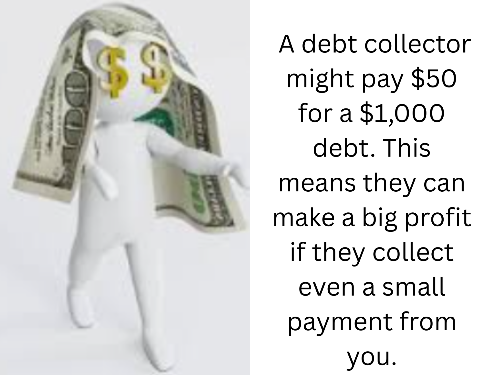 3D figure with dollar sign eyes and a $100 bill draped over its head stands next to text explaining how debt collectors profit from buying debt at a discount