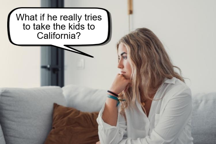 A woman sits on a couch looking concerned, with a speech bubble 