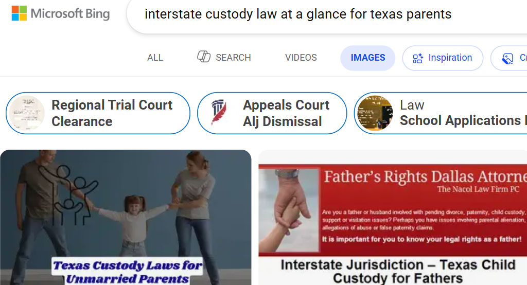 Screenshot of a Bing image search for "interstate custody law at a glance for texas parents" displaying results on custody laws, fathers' rights in Texas, and answers to questions like "can I fight for custody from another state.